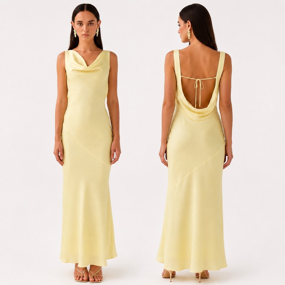 Peppermayo Be Mine Satin Maxi Dress‎ 2 Canary Yellow Bias Cowl Open Back Chic - Picture 2 of 16